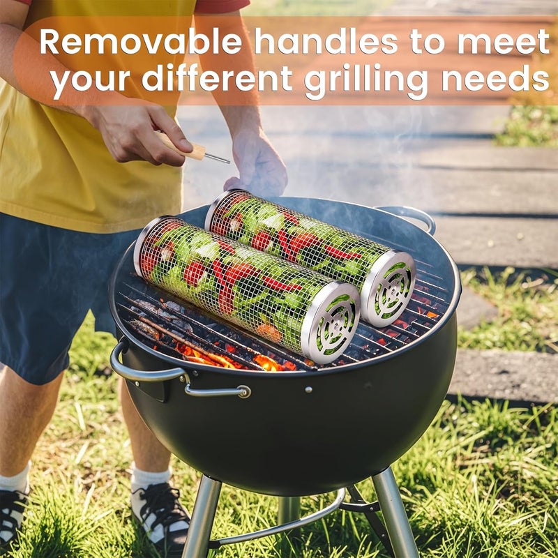 BCHWAY Nesting Grill Baskets (2 PCS), 304 Stainless Steel with Removable Wooden Handle, Rolling Grilling Net, BBQ Accessories Tools for Vegetables Shrimp, Outdoor Camping, Gifts for Men Dad and Husband - Image 3